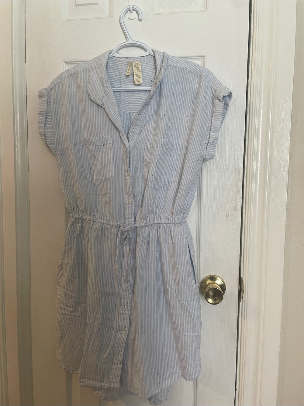 Japna Striped Shirt Dress Blue White Tie Waist Pockets Size M